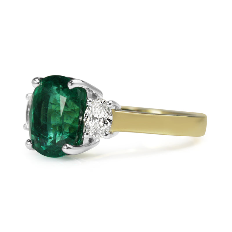 18ct Yellow and White Gold Emerald and Diamond 3 Stone Ring