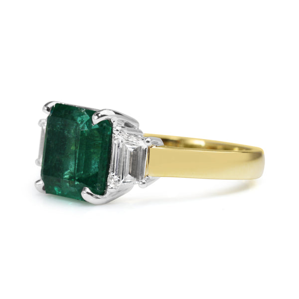 18ct Yellow and White Gold Emerald and Diamond 3 Stone Ring