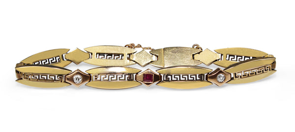 14ct Yellow Gold Vintage 'Greek Motif' Ruby and Old Cut Diamond Bracelet