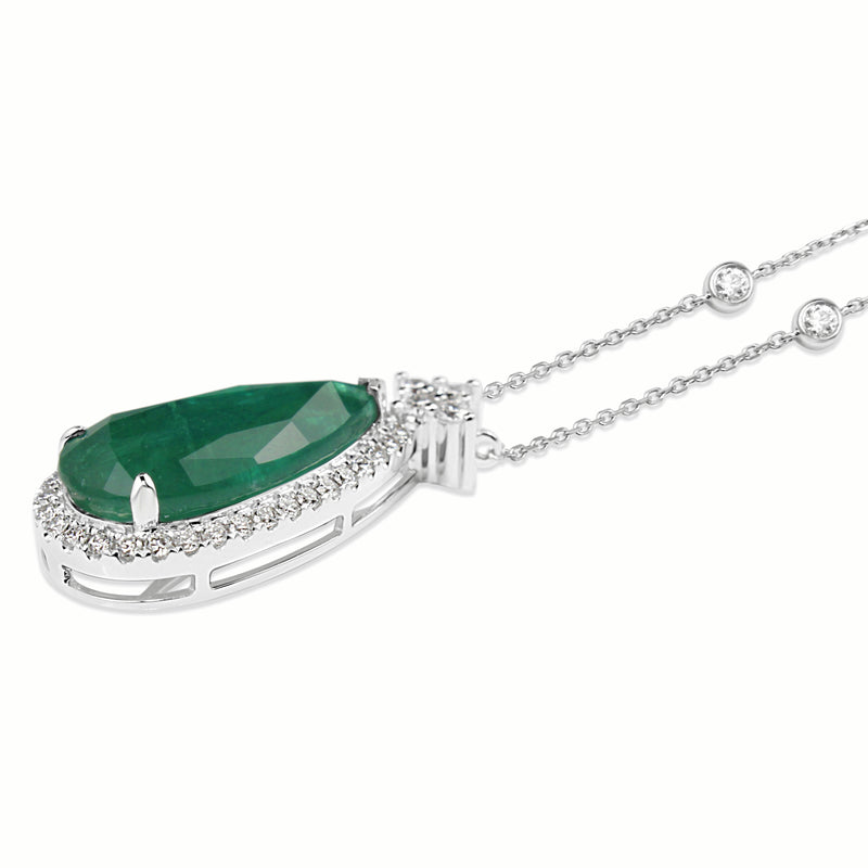 18ct White Gold Emerald and Diamond Pear Drop Necklace