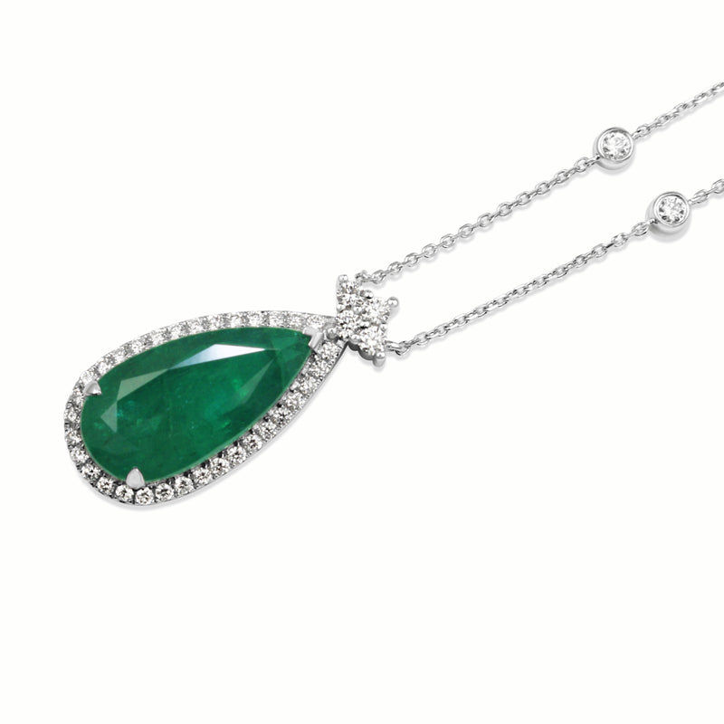 18ct White Gold Emerald and Diamond Pear Drop Necklace