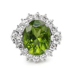 Platinum Peridot and Diamond Cluster Ring