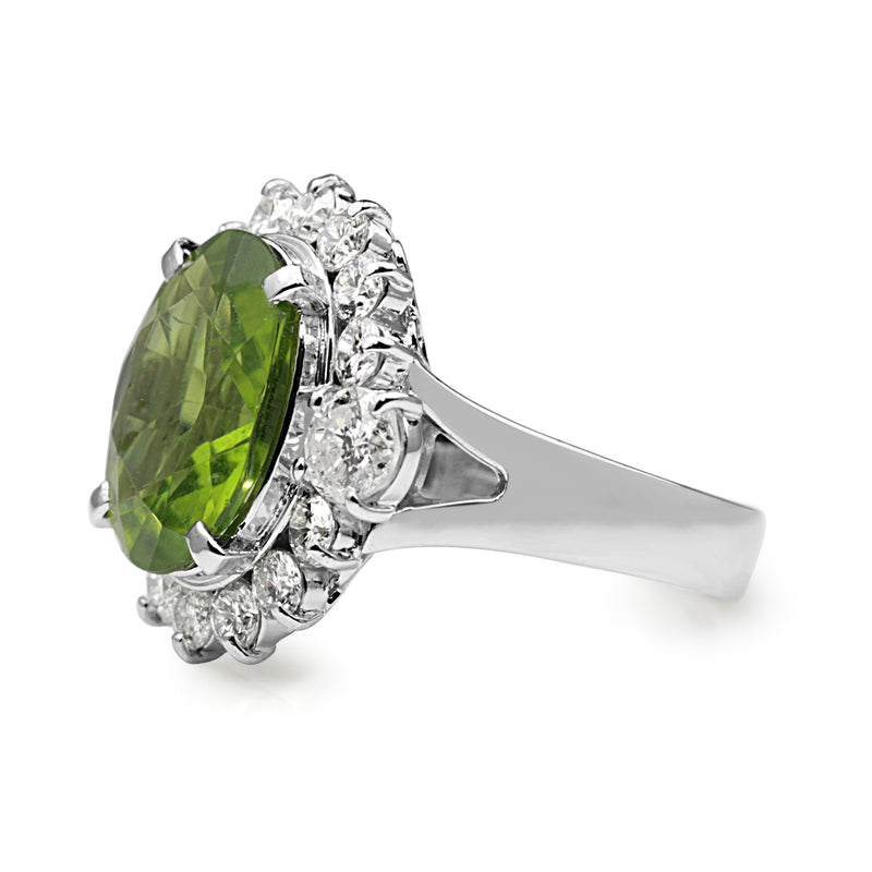 Platinum Peridot and Diamond Cluster Ring