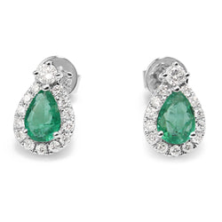 18ct White Gold Emerald and Diamond Pear Shape Halo Earrings