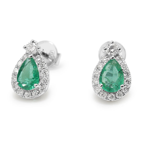 18ct White Gold Emerald and Diamond Pear Shape Halo Earrings