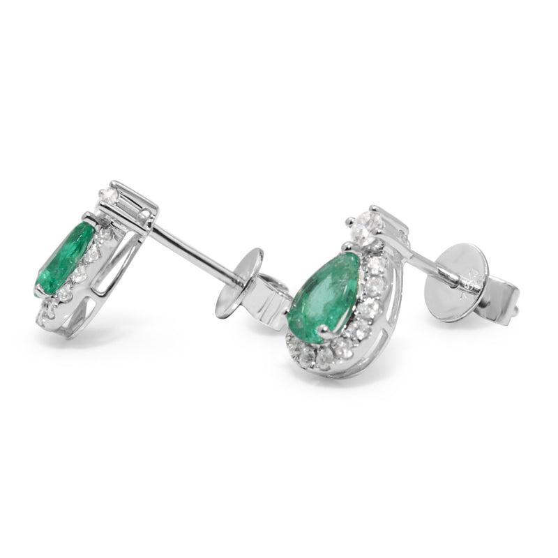 18ct White Gold Emerald and Diamond Pear Shape Halo Earrings