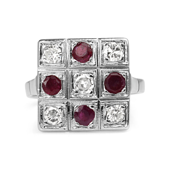 Palladium Ruby and Diamond Checkerboard Ring