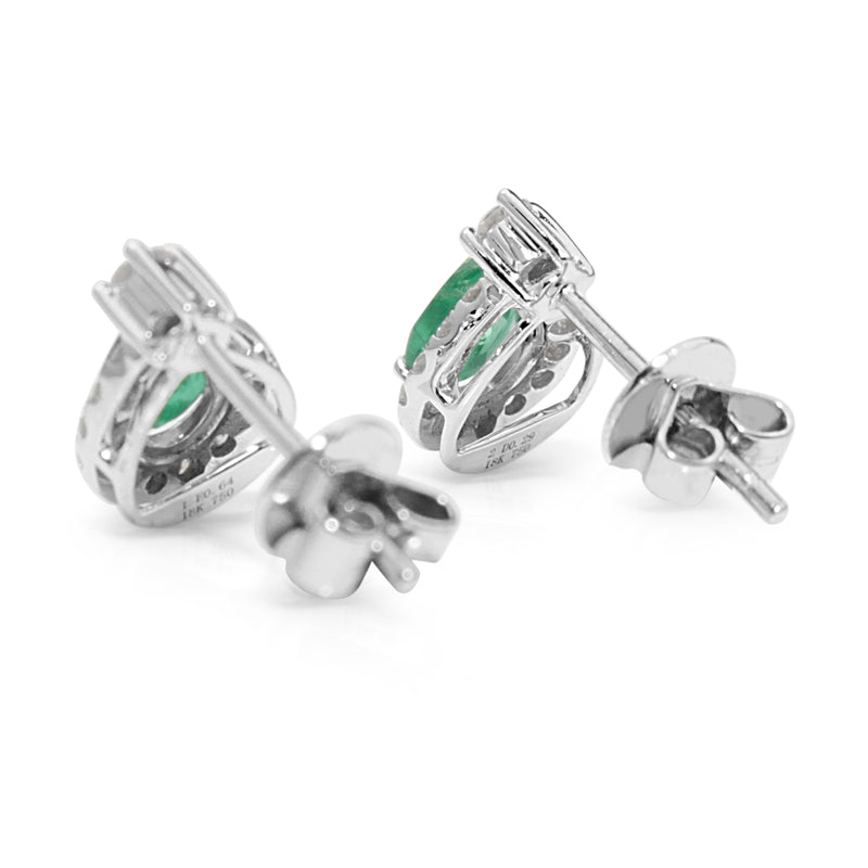 18ct White Gold Emerald and Diamond Pear Shape Halo Earrings