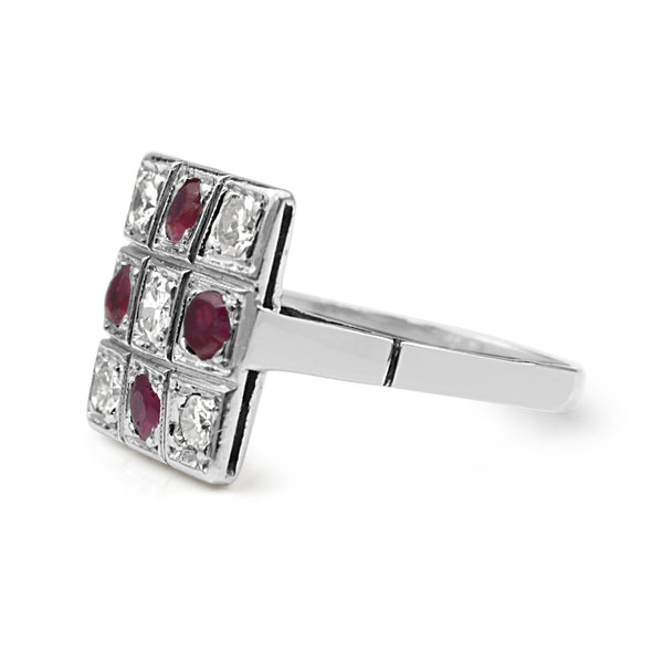 Palladium Ruby and Diamond Checkerboard Ring