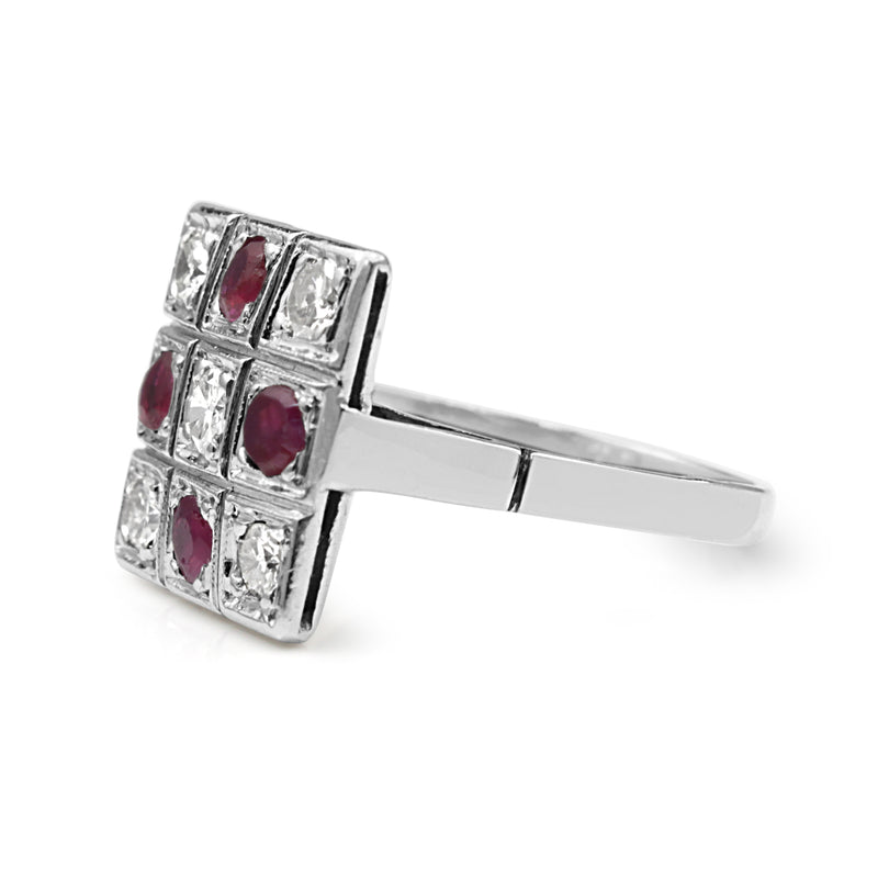 Palladium Ruby and Diamond Checkerboard Ring