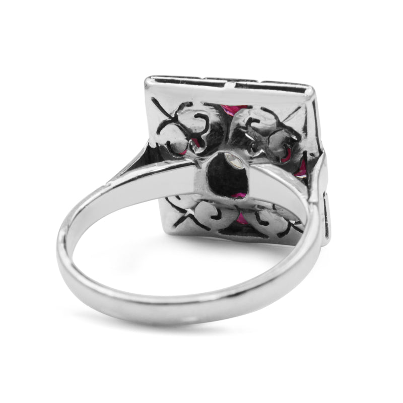 Palladium Ruby and Diamond Checkerboard Ring
