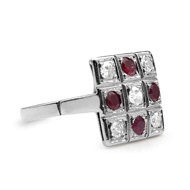 Palladium Ruby and Diamond Checkerboard Ring