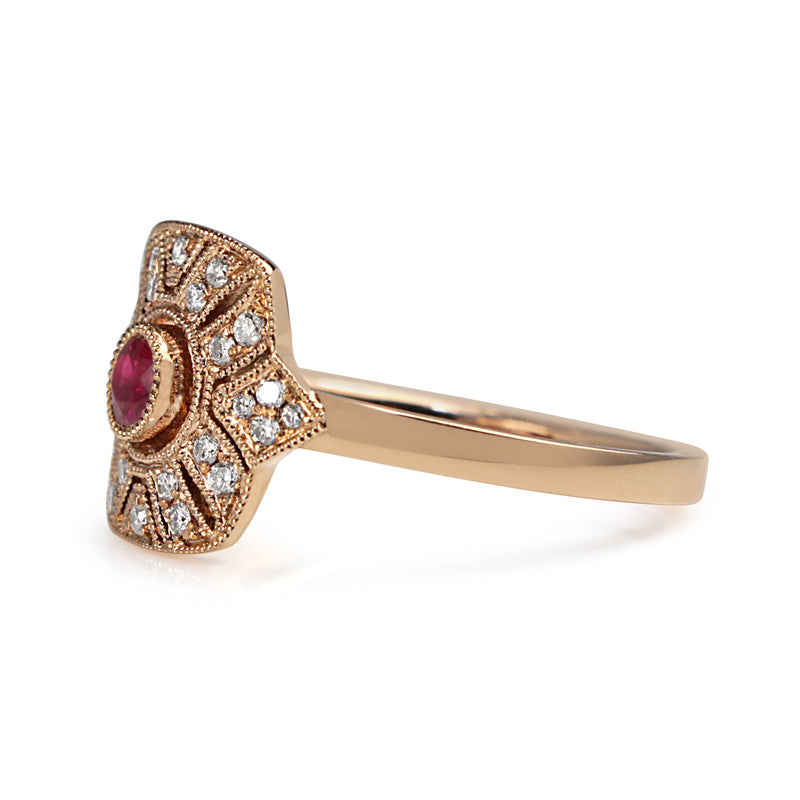 18ct Rose Gold Ruby and Diamond Art Deco Style Ring