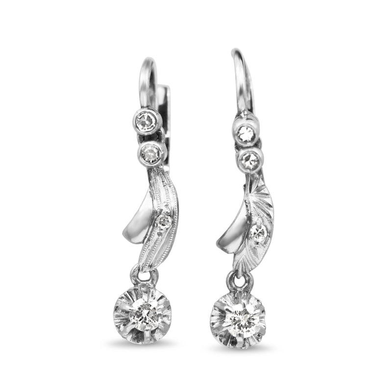 Palladium Art Deco Single Cut Diamond Drop Earrings With 9ct Backings