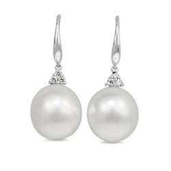 18ct White Gold 14mm South Sea Pearl Diamond Drop Earrings