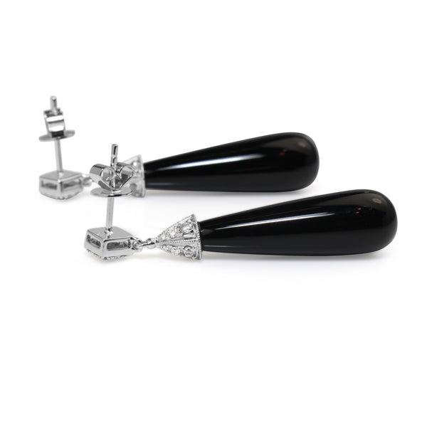 18ct White Gold Onyx and Diamond Drop Earrings