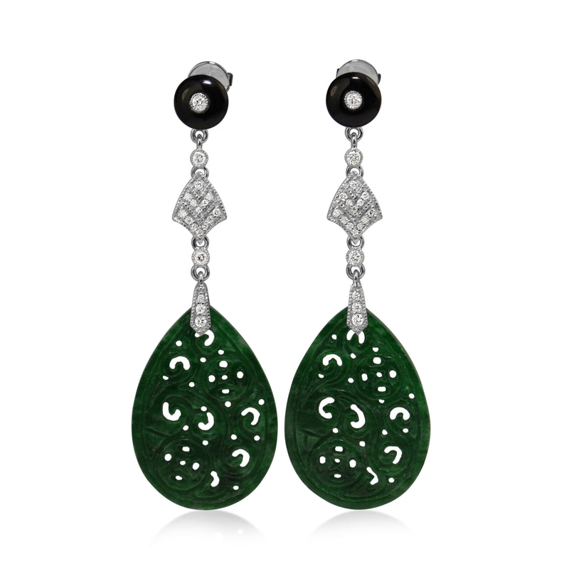 18ct White Gold Diamond, Onyx and Jade Drop Earrings