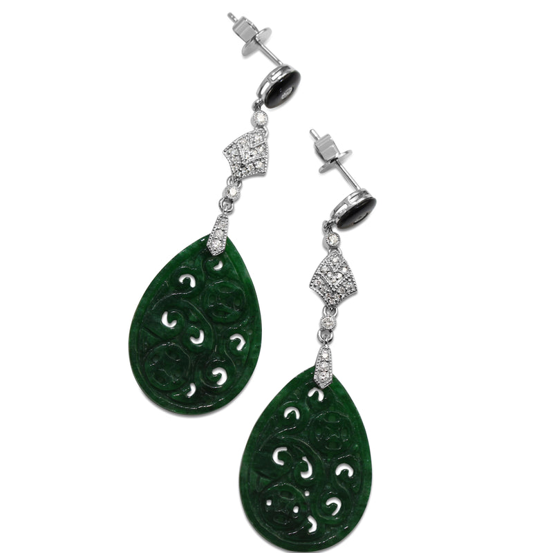 18ct White Gold Diamond, Onyx and Jade Drop Earrings