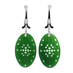 18ct White Gold Diamond, Onyx and Jade Drop Earrings