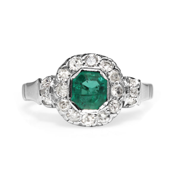 Palladium Emerald and Diamond Vintage Ring