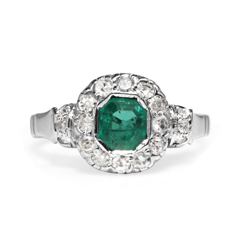 Palladium Emerald and Diamond Vintage Ring