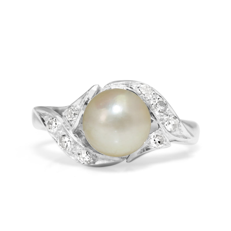 Palladium Vintage Cultured Pearl and Diamond Ring