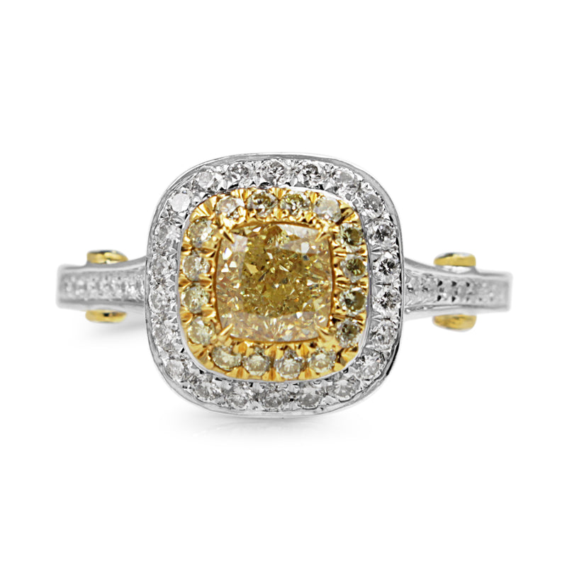18ct Yellow and White Gold Cushion Double Halo Ring