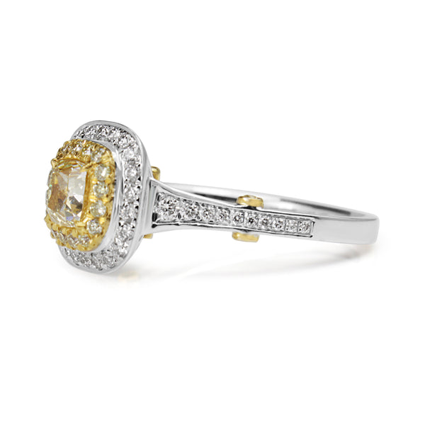 18ct Yellow and White Gold Cushion Double Halo Ring