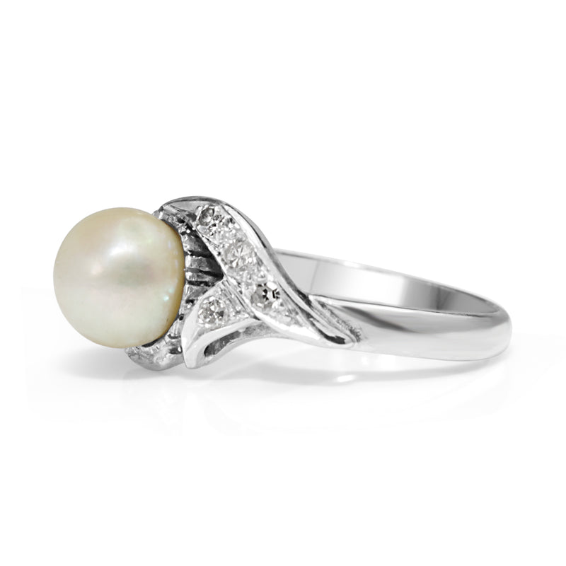 Palladium Vintage Cultured Pearl and Diamond Ring