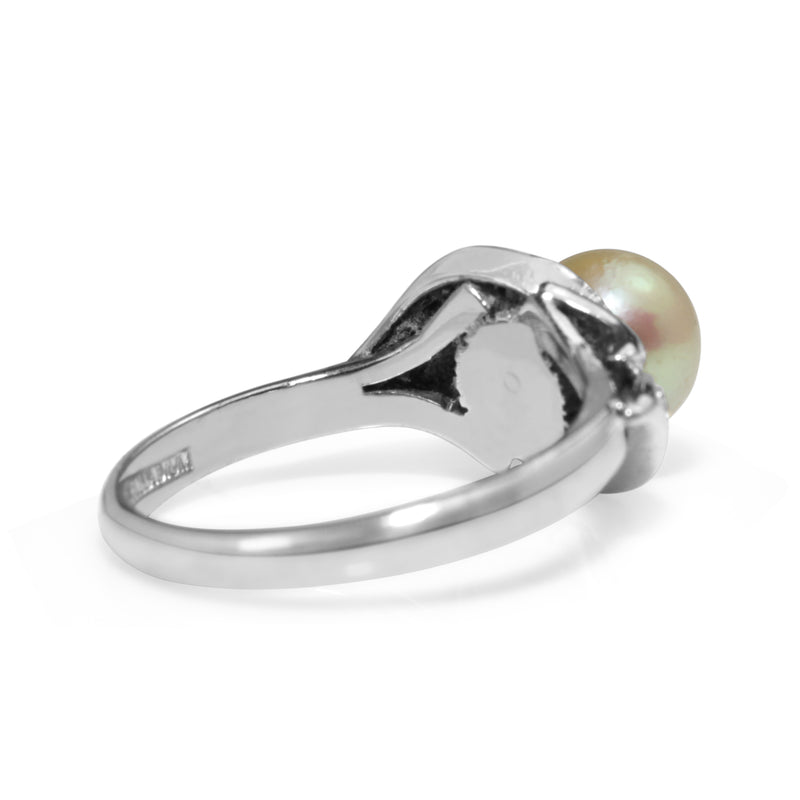 Palladium Vintage Cultured Pearl and Diamond Ring