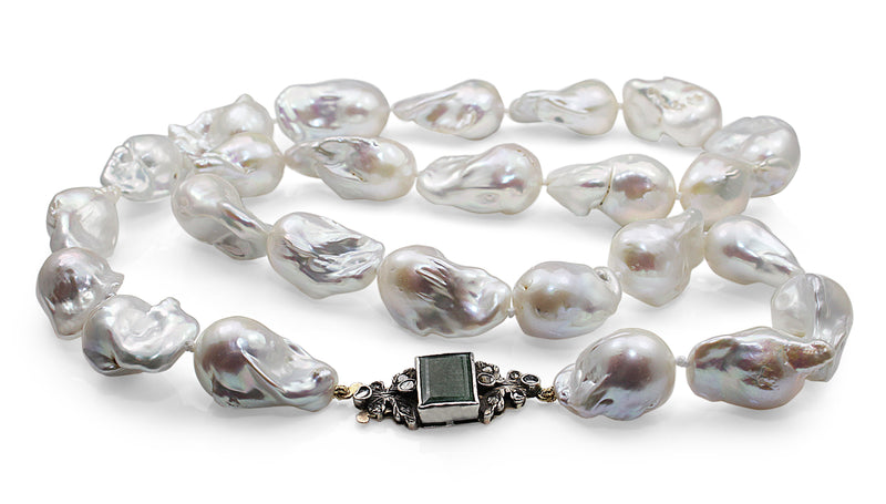 13 - 15mm Baroque Pearls with 9ct and Silver, Agate and Rose Cut Diamond Clasp