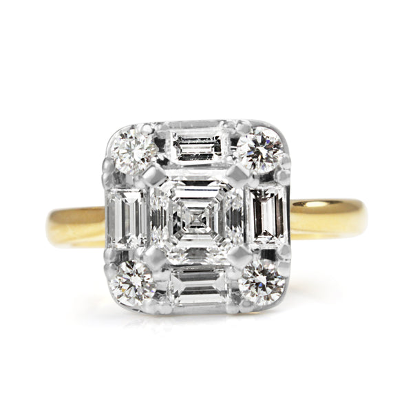 18ct Yellow and White Gold Asscher and Baguette Diamond Ring