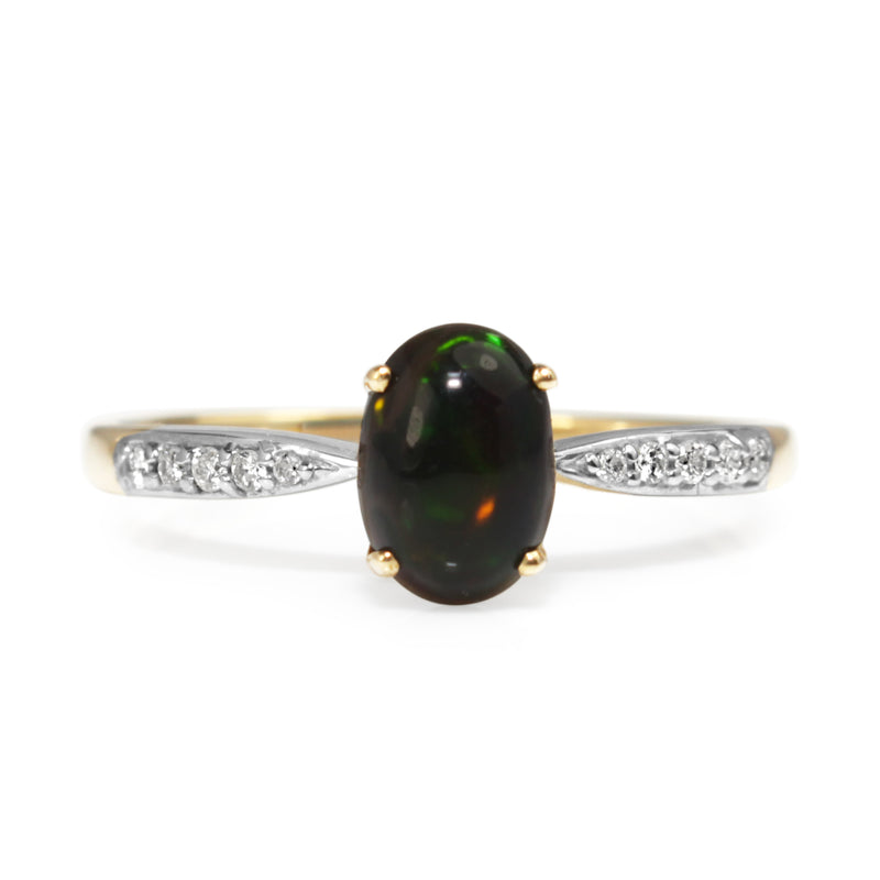 9ct Yellow and White Gold Black Opal and Diamond Ring