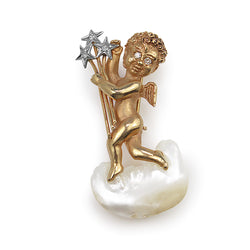 14ct Yellow Gold Cupid / Angel Pearl and Diamond Brooch