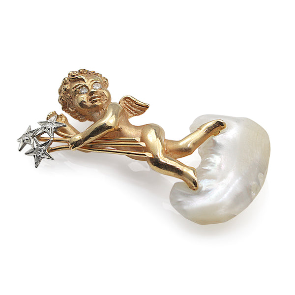 14ct Yellow Gold Cupid / Angel Pearl and Diamond Brooch