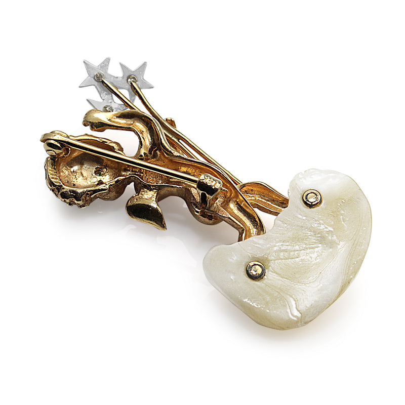 14ct Yellow Gold Cupid / Angel Pearl and Diamond Brooch