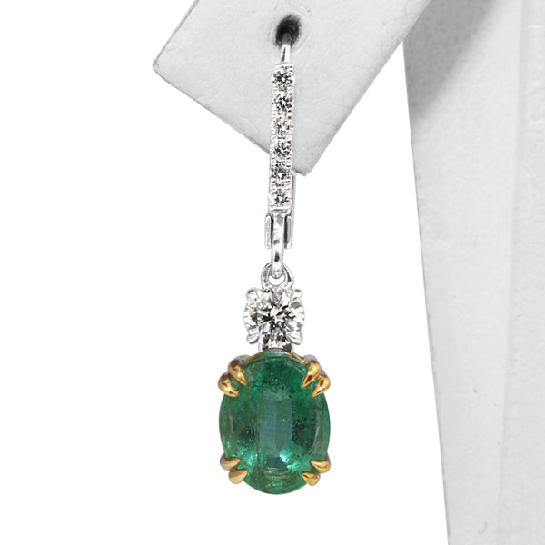 18ct Yellow and White Gold Emerald and Diamond Drop Earrings