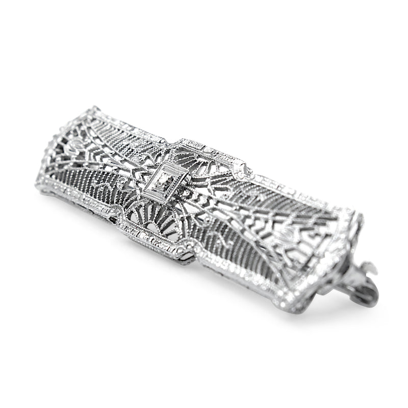 14ct White Gold Antique Filigree Diamond Brooch