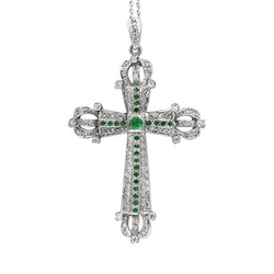 Palladium Deco Emerald and Single Cut Diamond Cross Necklace