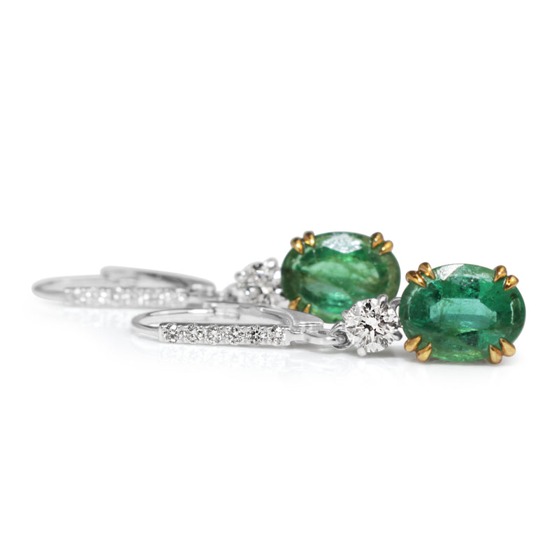 18ct Yellow and White Gold Emerald and Diamond Drop Earrings