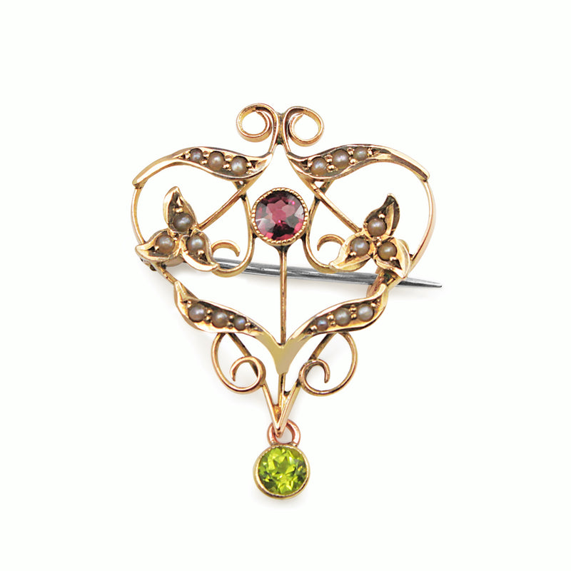 9ct Yellow Gold Antique Garnet, Pearl and Peridot Suffragette Brooch