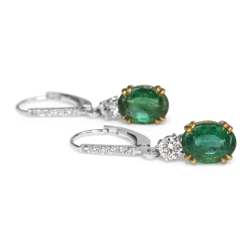 18ct Yellow and White Gold Emerald and Diamond Drop Earrings