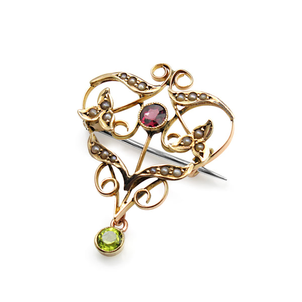 9ct Yellow Gold Antique Garnet, Pearl and Peridot Suffragette Brooch