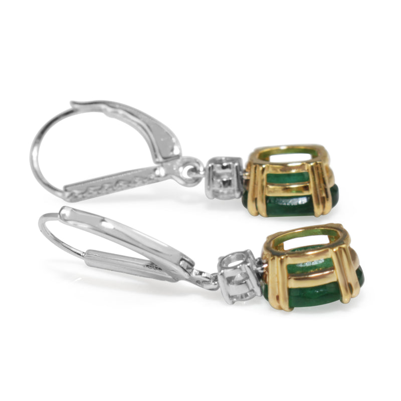 18ct Yellow and White Gold Emerald and Diamond Drop Earrings