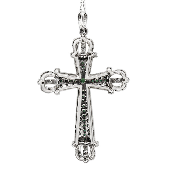 Palladium Deco Emerald and Single Cut Diamond Cross Necklace