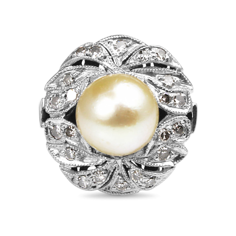 Palladium Art Deco Pearl and Single Cut Diamond Ring