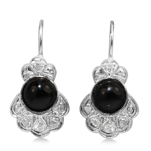 Platinum Art Deco Onyx and Diamond Earrings