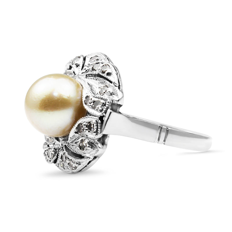 Palladium Art Deco Pearl and Single Cut Diamond Ring