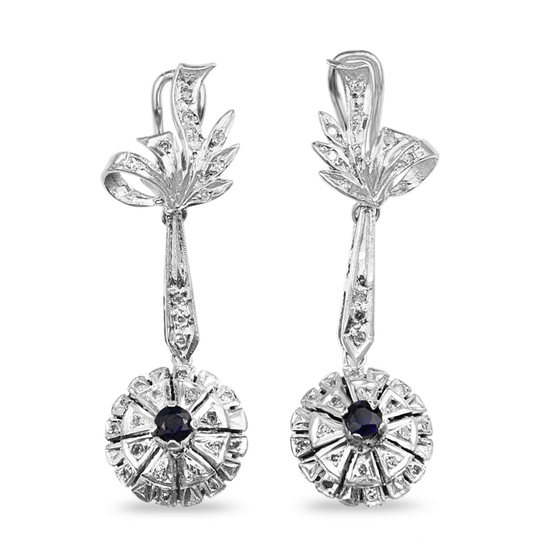 Palladium Sapphire and Diamond Vintage Drop Earrings