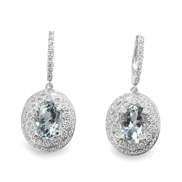 18ct White Gold Aquamarine and Diamond Vintage Style Earrings